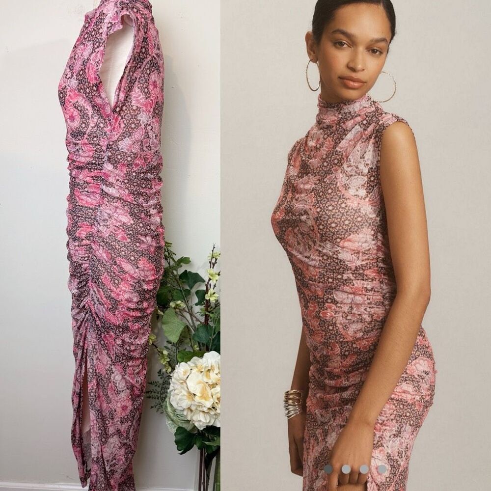 Anthropologie The Maya Ruched Cowl-Neck Mesh Midi Dress | Large | Pink Floral Pr - Picture 2 of 9